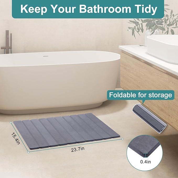 zmnklry Foldable Stone Bath Mat, Quick-Drying Diatomite Bath Mat, Fast-Drying Hard Stone Drying Mat for Bathroom Shower Floor, 23.6 x 15.4 inch (Dark Grey) - ModernBath