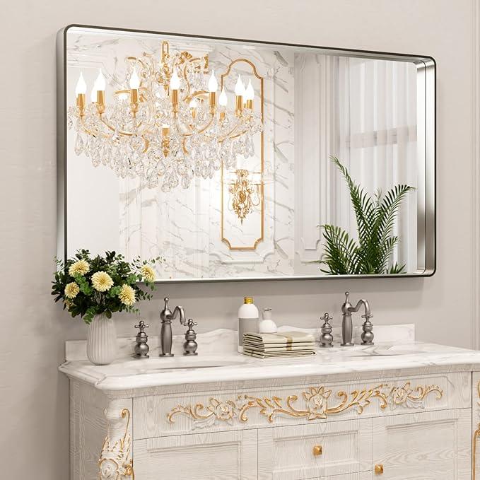 LOAAO 60X30 Inch Brushed Nickel Bathroom Mirror, Rounded Rectangle Silver Metal Frame Mirror, Brushed Nickel, Anti-Rust, Shatter Proof, Hangs Horizontally or Vertically - ModernBath