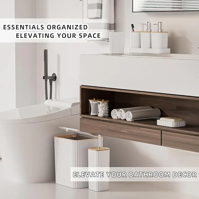XLHOMO Bathroom Accessories Set - Elegant White Bathroom Set, 10PC Bathroom Accessory Set, Toilet Brush, Trash Can, Qtip Holder Dispenser & Soap Dispenser - ModernBath