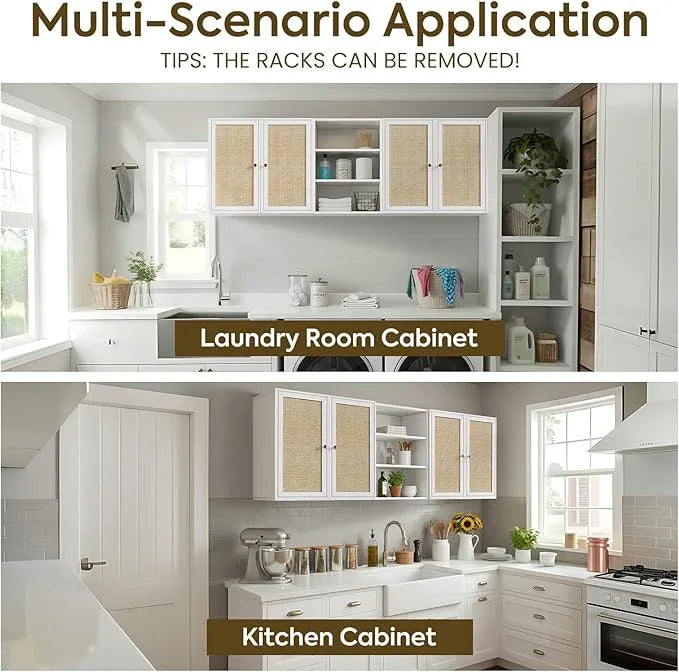 Kitchen Wall Cabinets,Rattan Wall Mounted Laundry Cabinets with Adjustable Shelf, Floating Hanging Storage Cabinet for Laundry Room, Bathroom, Kitchen,63" W x 11.8" D x 21.6" H - ModernBath