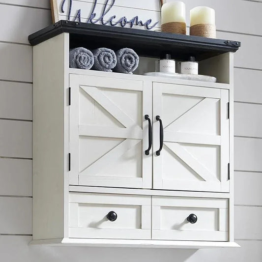 ACCOHOHO Bathroom Wall Cabinet, Farmhouse 24" Wide Medicine Cabinet with Drawer, Adjustable Shelf, Double Barn Doors, Storage Cabinets for Bathroom, Kitchen, Living Room, Off White - ModernBath