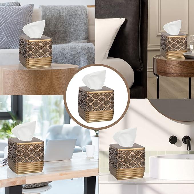 Zahari Home 2pc Spindle Modern Bath Accessories Set Waste Basket & Tissue Box Modern Classic Contemporary Decorative Beautiful Designs Bathroom Decor Set for Home Gold Complete Bathroom Sets - ModernBath