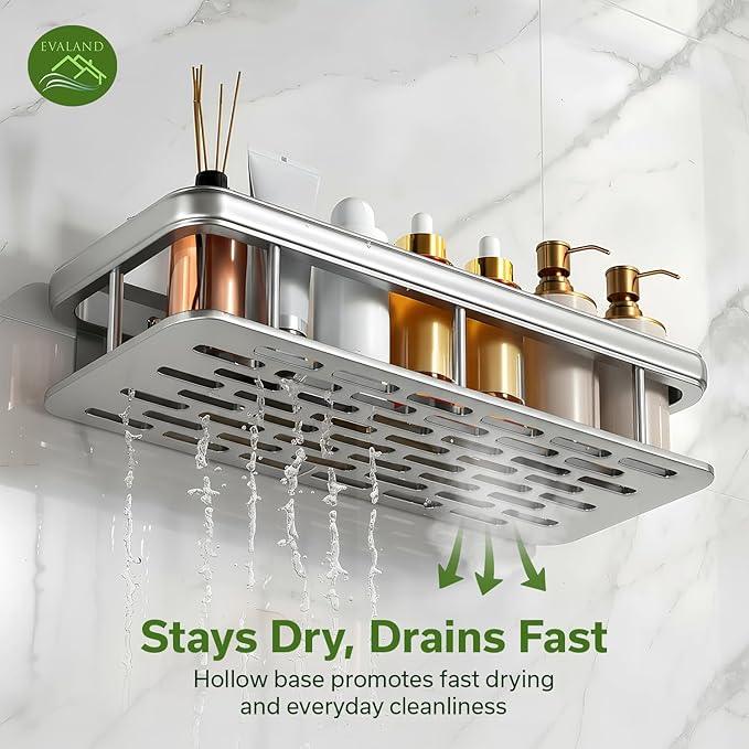 EVALAND Shower Caddy Adhesive 2-Pack with Hooks and Rod for Towels, Silver – Premium Bathroom Shower Shelves, Shampoo Organizer, Bathtub Shelf, Rustproof, Easy Installation, Sturdy Modern Look - ModernBath