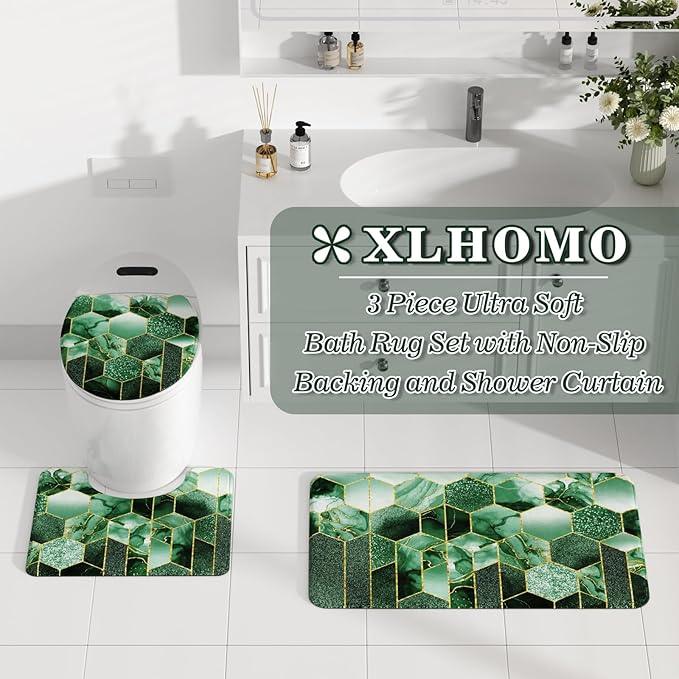 XLHOMO Bathroom Sets with Shower Curtain and Rugs - 4PC Green Geometric Shower Curtain Set with 12 Hooks, Toilet Cover, U-Shaped Mat and Rugs Modern Abstract Bathroom Accessories for Bathroom - ModernBath