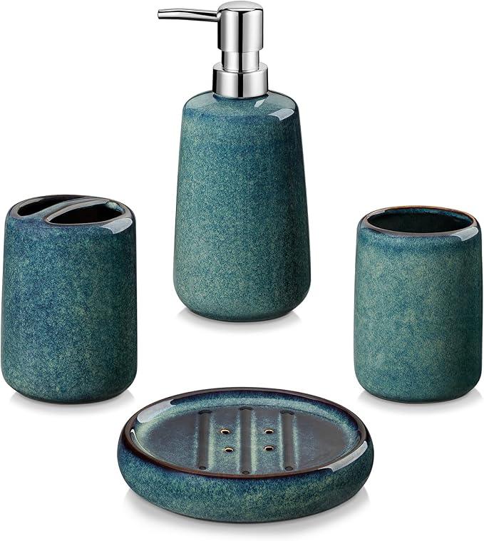 vancasso Green Bathroom Accessories Set, Ceramic Soap Dispenser and Toothbrush Holder Sets, Stoneware 4 Pcs Bathroom Sink Set for Modern Home Decor, Series Starry - ModernBath