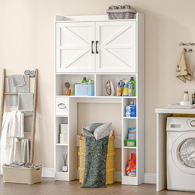 Over The Toilet Storage Cabinet, Farmhouse Toilet Cabinet Rack with Barn Doors, Space Saving Bathroom Organizer with Shelves, Toilet Paper Holder and Towel Rack for Bathroom,Restroom,Laundry（White） - ModernBath