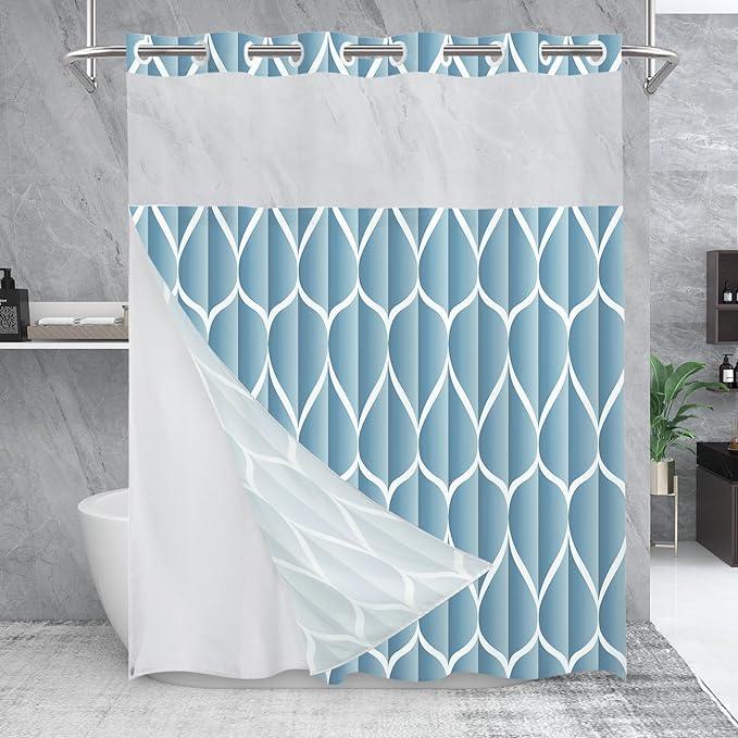Yiatn No Hook Moonlight Blue Shower Curtain with Snap in Fabric Liner Set - Hotel Style with See Through Mesh Top Window, Modern Geometric Waterdrop Design,Waterproof and Washable, 71x74 INCH - ModernBath