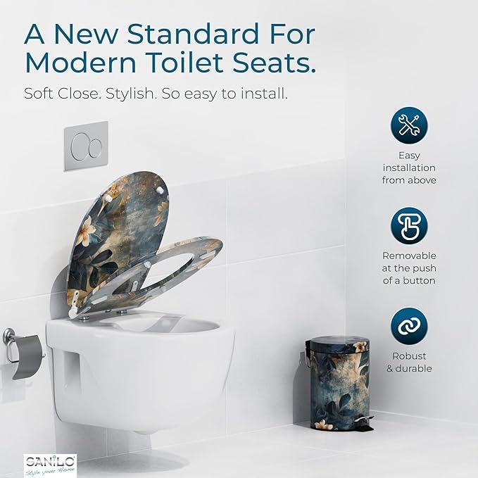 Sanilo Wooden Toilet Seat with Quick Release & Soft Close [ROUND] - Decorative & Slow Close Molded Wood Seat - With One Click for Easy Installation & Cleaning - With Adjustable Fit (Lilybud) - ModernBath