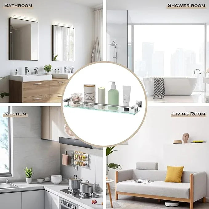 Glass Shelf for Bathroom Wall Sheves 24 inches Rectangular Stainless Steel Tempered Glass Modern Wall Mount Accessories Organizers Storage (Chrome Polished, 24‘’) - ModernBath
