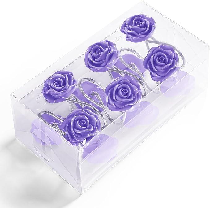 Litabel Rose Flower Shower Curtain Hooks 12PCS,Home Decorative Purple Rose Shower Curtain Hooks Metal Rustproof Cute Rose Flower Shower Hooks Rings Bathroom Shower Rods Decoration Accessories - ModernBath