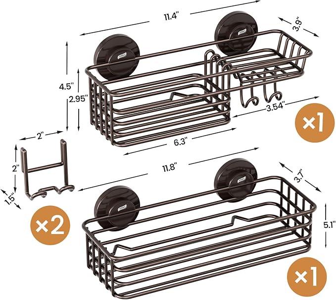 LEVERLOC Shower Caddy Suction Cup, 2 Pack Shelves for Inside with Hooks and Soap Holder, NO-Drilling Bathroom Holder, Rustproof Meatl Bathroom Organizer, Brown - ModernBath