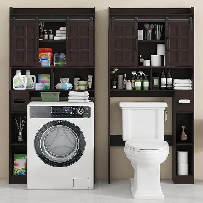 Over The Toilet Storage Cabinet, Farmhouse Storage Cabinet Over Toilet with Sliding Doors，Home Space-Saving Toilet Rack, for Bathroom, Restroom, Laundry. Espresso - ModernBath