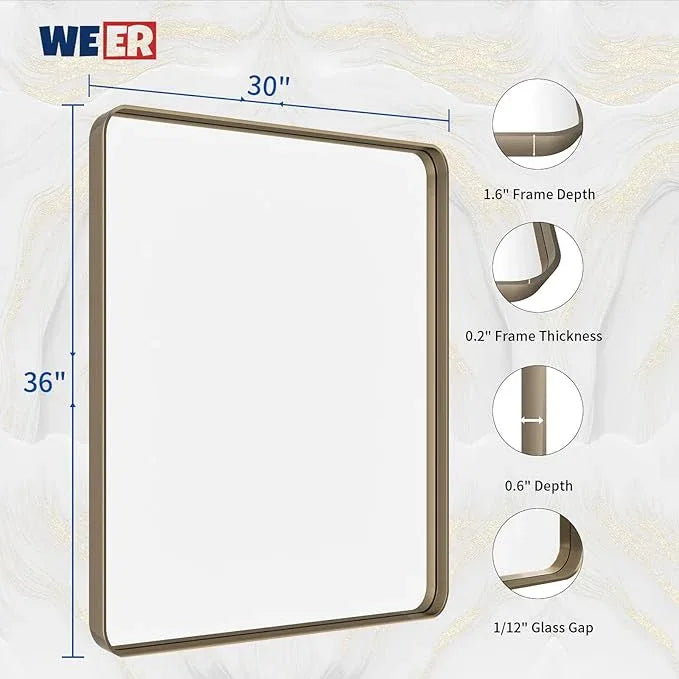 WEER 36x30 Inch Bronze Bathroom Mirror for Vanity, Brushed Bronze Metal Frame Mirror for Wall, Rounded Rectangle Bronze Frame Mirror with Tempered Glass, Anti-Rust (Horizontal/Vertical) - ModernBath