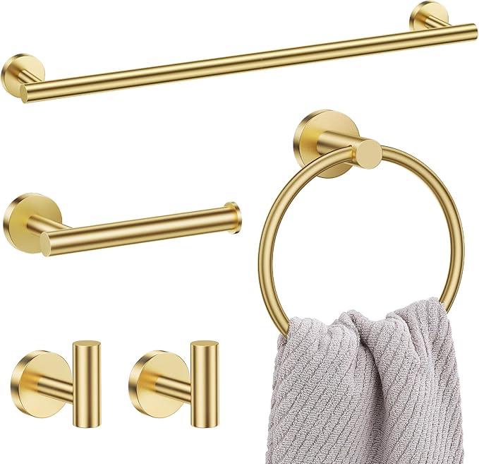Lairuier 5 Pieces Brushed Gold Bathroom Accessories Set, 23.6 Inch Bath Towel Bar Set, SUS304 Stainless Steel Bathroom Hardware Set Round Toilet Paper Holder Set Wall Mounted - ModernBath
