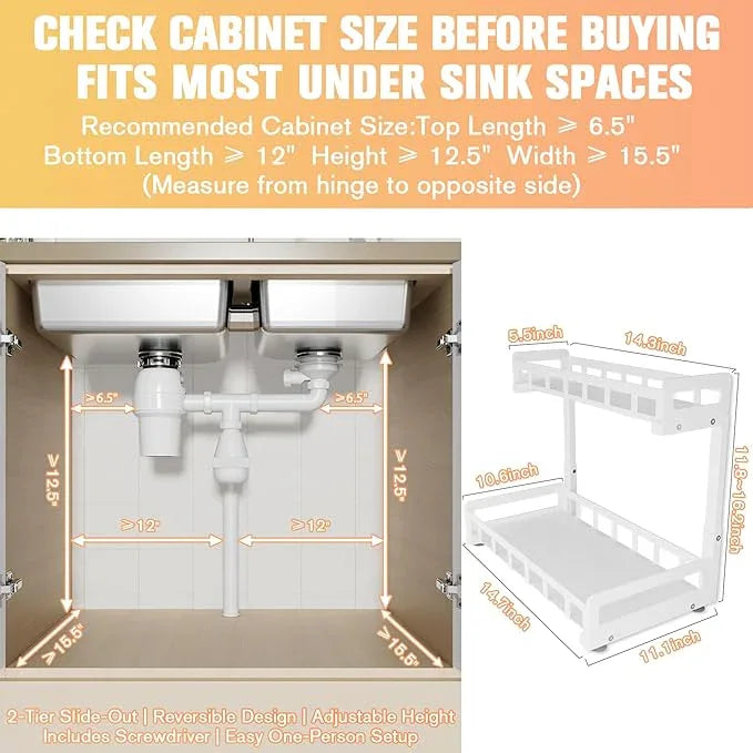 Under Sink Organizer 2 Pack, Metal Large Capacity 2-Tier Sliding Cabinet Storage Rack, Heavy-Duty Rust-Resistant Steel Frame, Holds 50 lbs Each, Adjustable Height 12–16", 14"D x 11"W for Home, White - ModernBath