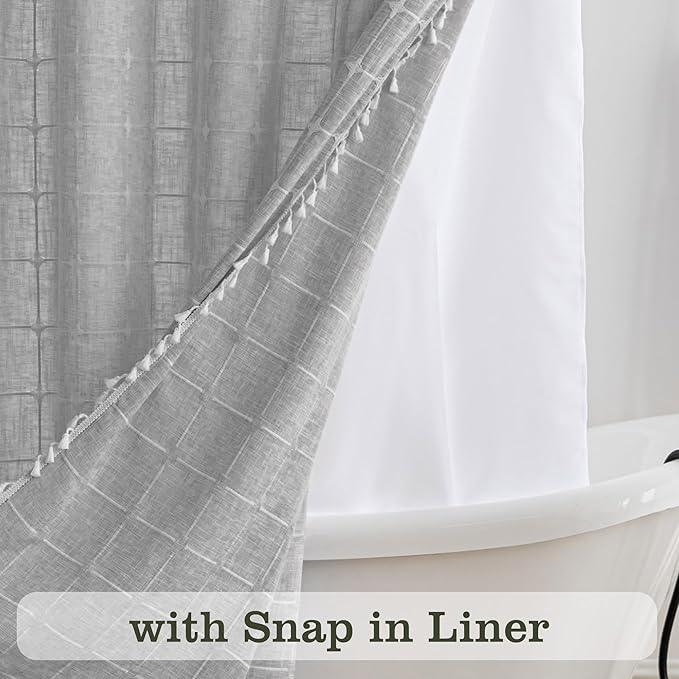 Farmhouse Shower Curtain with Snap-in Liner, No Hooks Needed Fabric Shower Curtains with Tassels for Rustic Bathroom Decor, with Window,with Magnets,Water Repellent&Machine Washable,Grey,71x80Inch - ModernBath