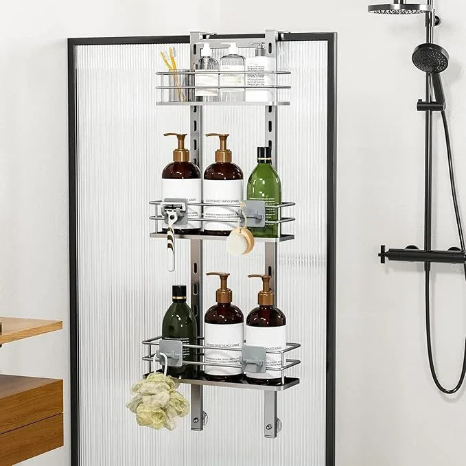 Orimade Adjustable Hanging Over the Shower Door Caddy with Hooks, Bathroom Organizer Shelf Storage Rack,No Drilling Rustproof Basket for Inside Shower, Sliver 3 Tier - ModernBath