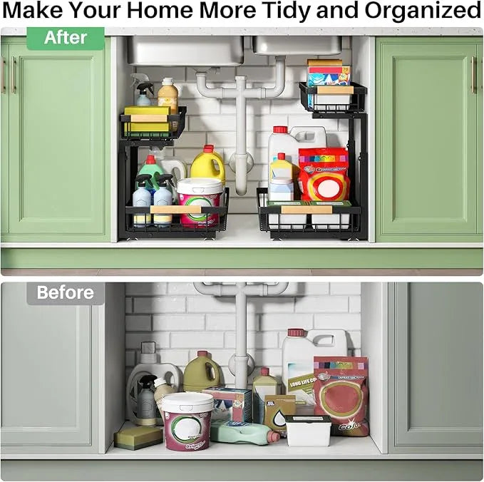 Under Sink Organizer, 2 Packs 2 Tier Under Sink Organizers and Storage, Slide out Pull out Cabinet Organizer Shelf, Metal Sliding Drawer for Kitchen Bathroom Pantry Cabinet Closet Organization Rack - ModernBath