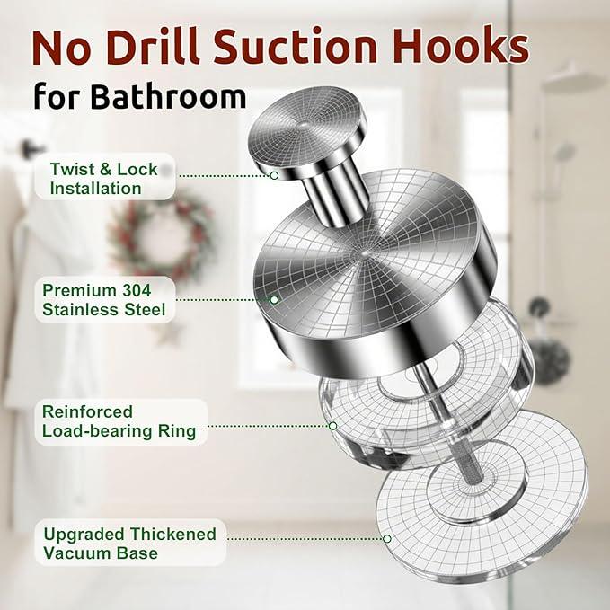 Upgraded Suction Cup Hooks for Door Wreaths, Heavy Duty Wreath Hangers for Front Door, Glass Window and Outdoor use, Strong Suction Vacuum Hook for Towels, Robes & Decorations(4 Pack, Silver) - ModernBath