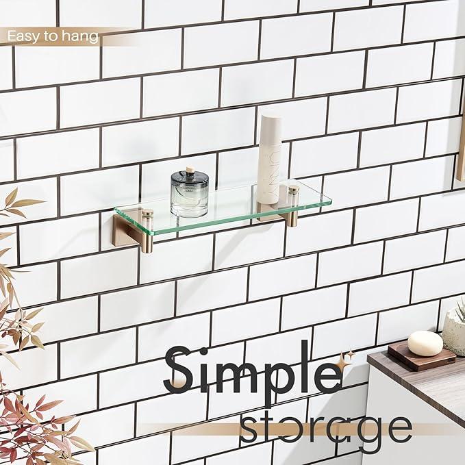 KOKOSIRI Wall Shelves Bathroom Hardware Glass Floating Shelf Small Hanging Rack Storage/Room Decor 12-Inch Champagne Bronze 2 Pack B1105CPG-L12-P2 - ModernBath