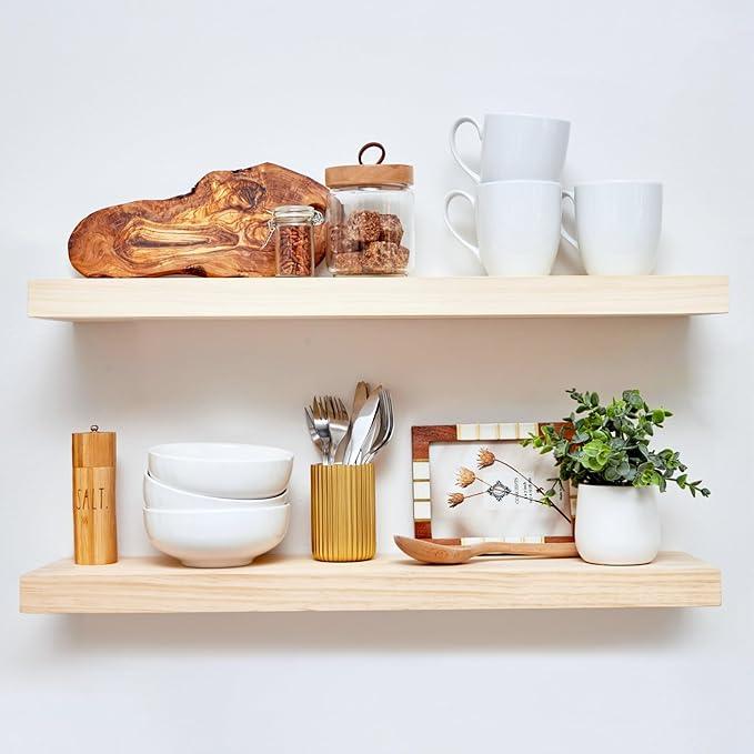 Homeforia 30 inch Natural Floating Shelf, High End Solid Real Wood 30inch Small Floating Shelves for Wall Mounted, Natural Wooden Floating Shelves, Heavy Duty Bracket, 30 X 6.5 X 1.75 in, Set of 4 - ModernBath