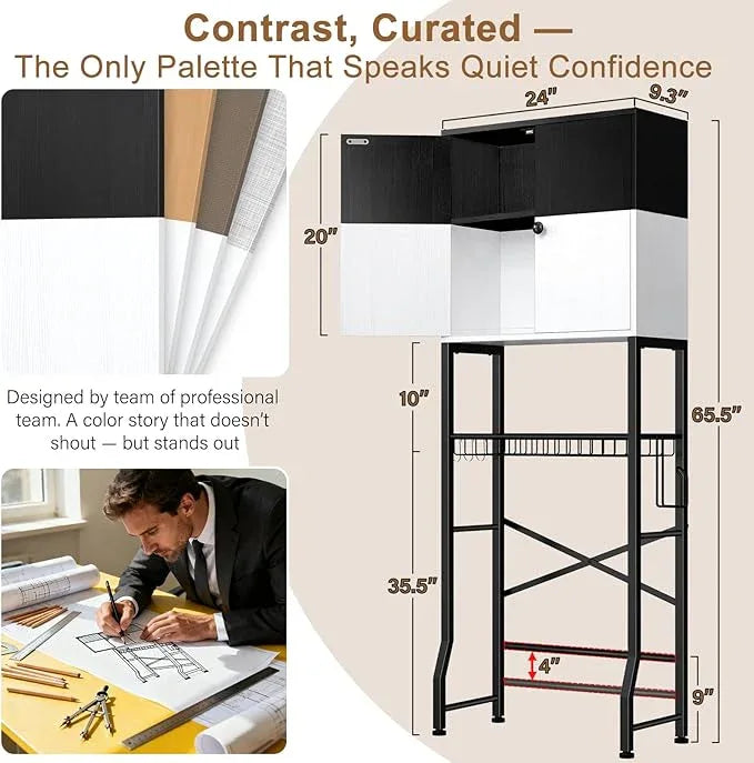 Over the Toilet Storage Cabinet - Freestanding Bathroom Organizer Shelf with Doors, Black & White Over the Toilet Shelves that Separates Wet and Dry Areas, Privacy Protection Above Toilet Storage Rack - ModernBath