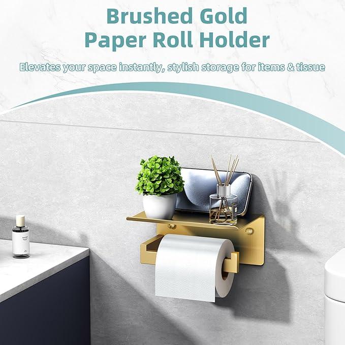 Toilet Paper Holder with Shelf Brushed Gold, APLusee SUS 304 Stainless Steel Modern Bathroom Accessories Tissue Roll Dispenser Storage - ModernBath