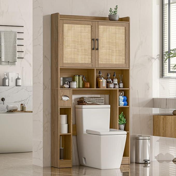 Over The Toilet Storage Cabinet, Farmhouse Toilet Cabinet Rack with Barn Doors, Space Saving Bathroom Organizer with Shelves,Toilet Paper Holder and Towel Rack for Bathroom,Restroom,Laundry,Rattan Oak - ModernBath