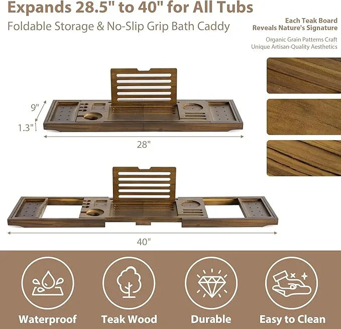 Realgulf Teak Bathtub Tray | Adjustable Width Tray with Wine Holder, Tablet/Phone & Book Stand, Splash-Proof for Bath Time- Walnut - ModernBath