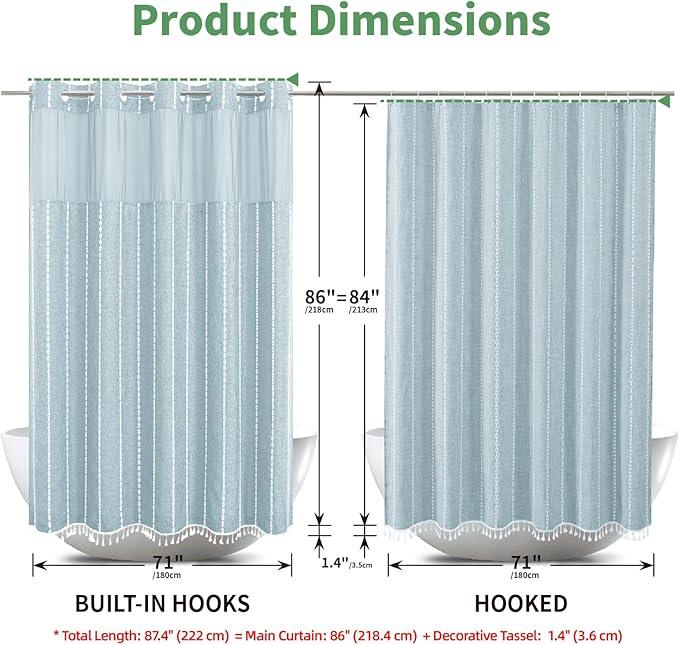 eachope No Hook Extra Long Shower Curtain Set with Snap-in Liner,Linen Textured Thick Striped Fabric with Tassels,Boho Chic Modern Farmhouse Bathroom Curtain,Water-Repellent,Fog Blue,71x86 - ModernBath