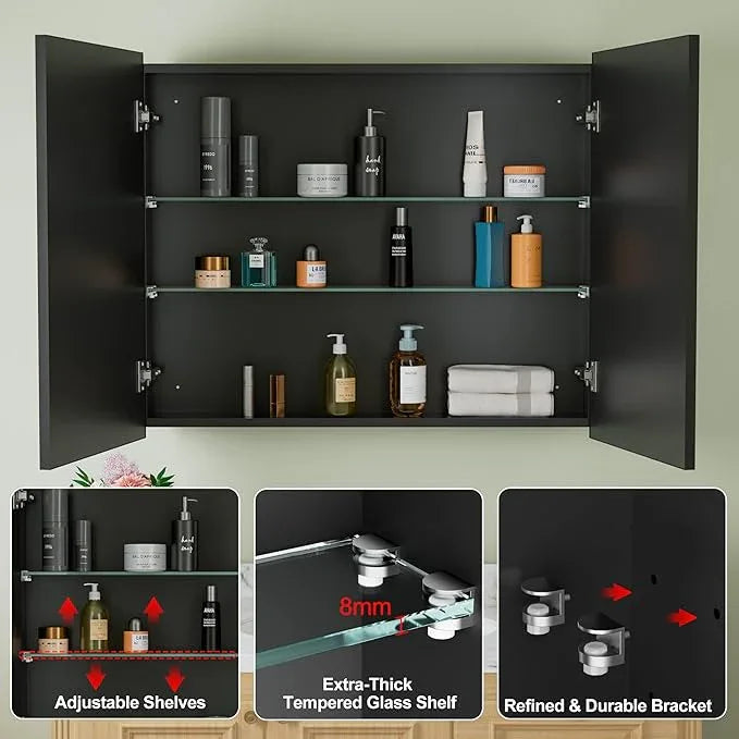 Buruis 36" x 30" Framed Medicine Cabinet with Mirror, Recessed or Wall Mounted Bathroom Cabinet, Adjustable Tempered Glass Shelves, Left/Right Open Reversible, No Assembly Required, Black - ModernBath