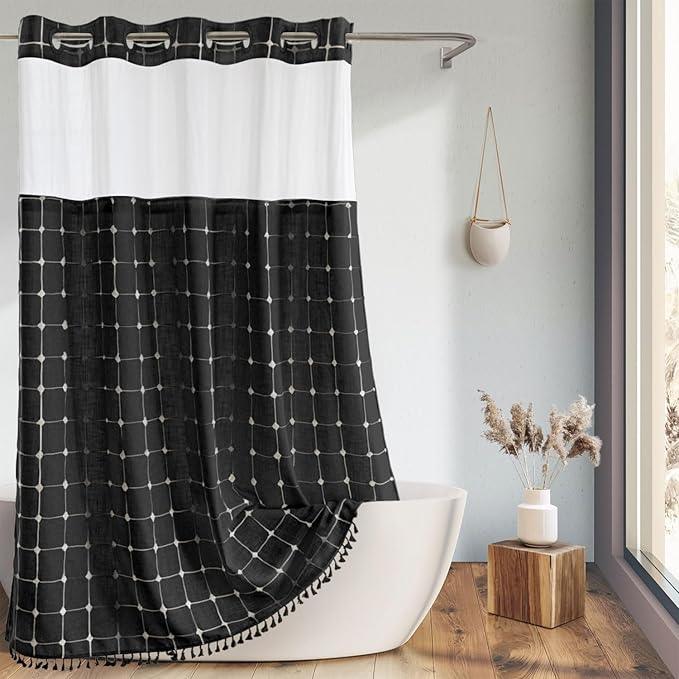 Farmhouse Shower Curtain with Snap-in Liner, No Hooks Needed Fabric Shower Curtains with Tassels for Rustic Bathroom Decor, with Window,with Magnets,Water Repellent&Machine Washable,Black,71x74Inch - ModernBath