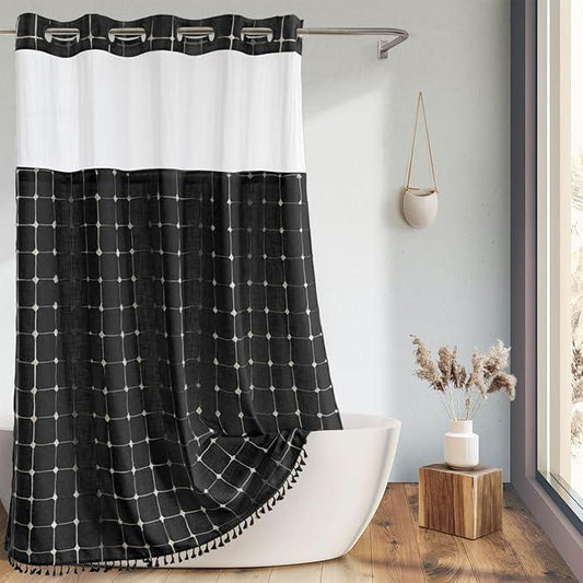 Farmhouse Shower Curtain with Snap-in Liner, No Hooks Needed Fabric Shower Curtains with Tassels for Rustic Bathroom Decor, with Window,with Magnets,Water Repellent&Machine Washable,Black,71x74Inch - ModernBath
