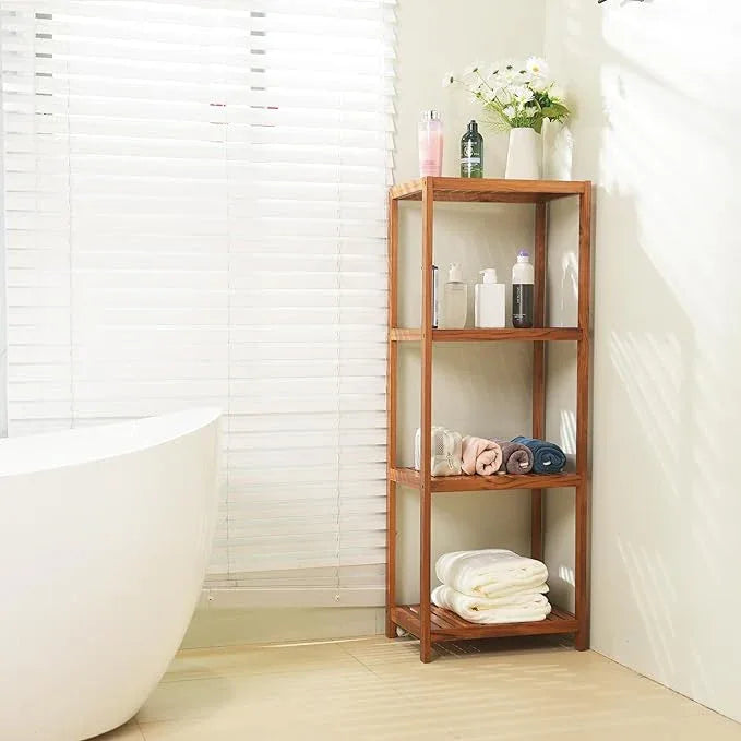 VaeFae Teak Bathroom Shelf, 4-Tier Storage Shelf, Wooden Stand Shelf Organizer for Bathroom, Kitchen, Living Room, Laundry, Garage - ModernBath