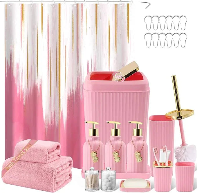 WSBArt 20PC Bathroom Accessory Set Pink Bathroom Accessories Bathroom Set, Shower Curtain Set, 2 Piece Bath Towel Set, 3PC Soap Dispenser, Toilet Brush & Trash Can - ModernBath
