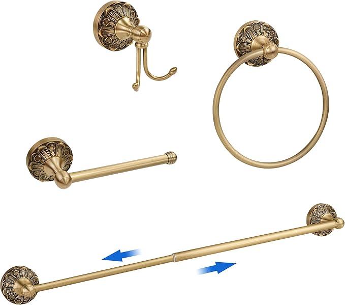 Brass Bathroom Accessory Set, Antique Brass Toilet Paper Holder Towel Ring Hook, Towel Hook Robe Toilet Paper Roll Holder, Rustic Towel Rack Bar Hardware Set Farmhouse Wall Mounted(4 Pieces) - ModernBath