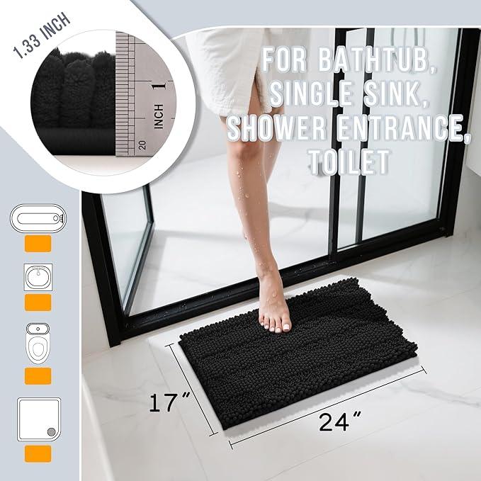 Yimobra Bathroom Rug Mat, Non Slip and Super Absorbent Bath Mat, Machine Washable Quick Dry, Ultra Plush Chenille Shower Rugs for Bathroom Floor Sink Tub and Shower Outside, Black, 24 x 17 - ModernBath