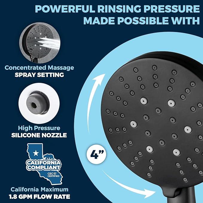 HammerHead Showers® Solid Metal 3-Spray Handheld Shower Head with Long Hose and Holder - MATTE BLACK - WIDE, MASSAGE, and MIST Sprays - 1.8 GPM Low Flow Handheld Showerhead - Water Saving Shower Head - ModernBath