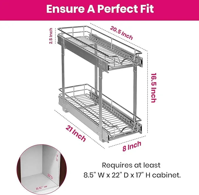 HOLDN’ STORAGE Two Tier Pull Out Cabinet Organizer, Individual Sliding Drawers - Heavy Duty Metal with Lifetime Limited Warranty - Anti Rust Chrome Finish - 8" W x 21”D x 16.5" H - ModernBath
