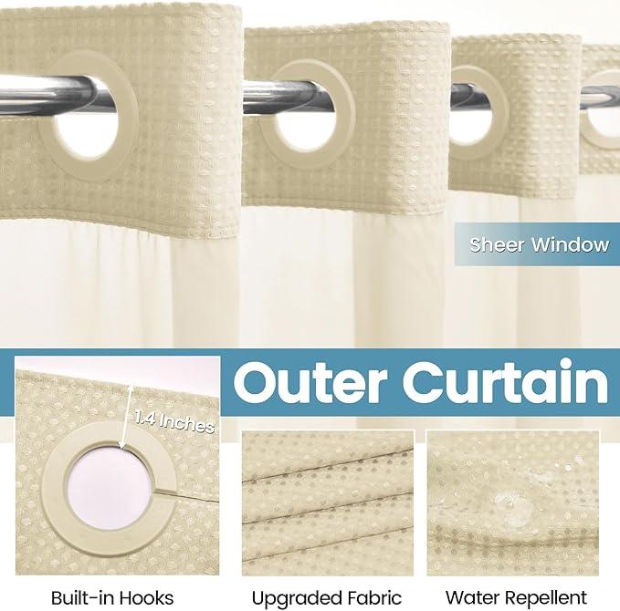 EUTXL Ivory Hotel Shower Curtain with Detachable Liner - 230GSM Waffle Textured,Hotel Grade,Spa Like Bath Curtain,71W x 74H - ModernBath