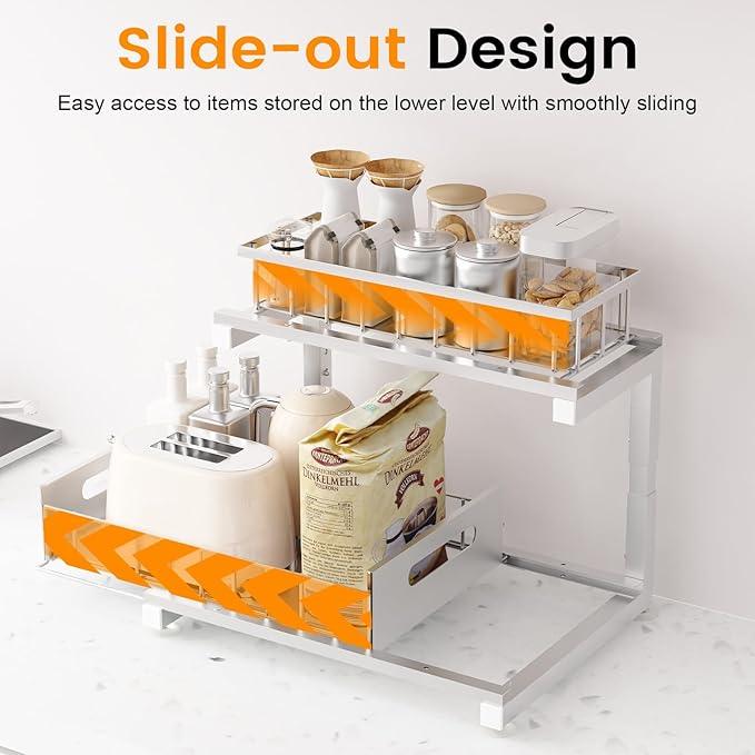 Under Sink Organizer Storage Heavy Duty Metal Slide Out Sink Shelf Organizer Height Adjustable, Multi-Purpose Storage Shelf for Kitchen Bathroom (Silver,1Pack) - ModernBath