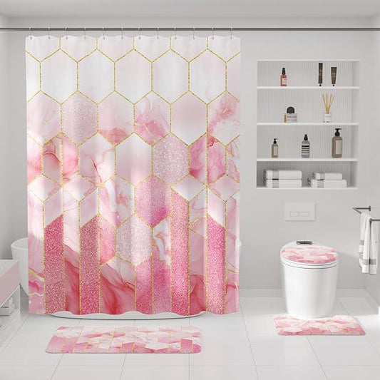 XLHOMO Bathroom Sets with Shower Curtain and Rugs - 4PC Pink Geometric Shower Curtain Set with 12 Hooks, Toilet Cover, U-Shaped Mat and Rugs Modern Abstract Bathroom Accessories for Bathroom - ModernBath