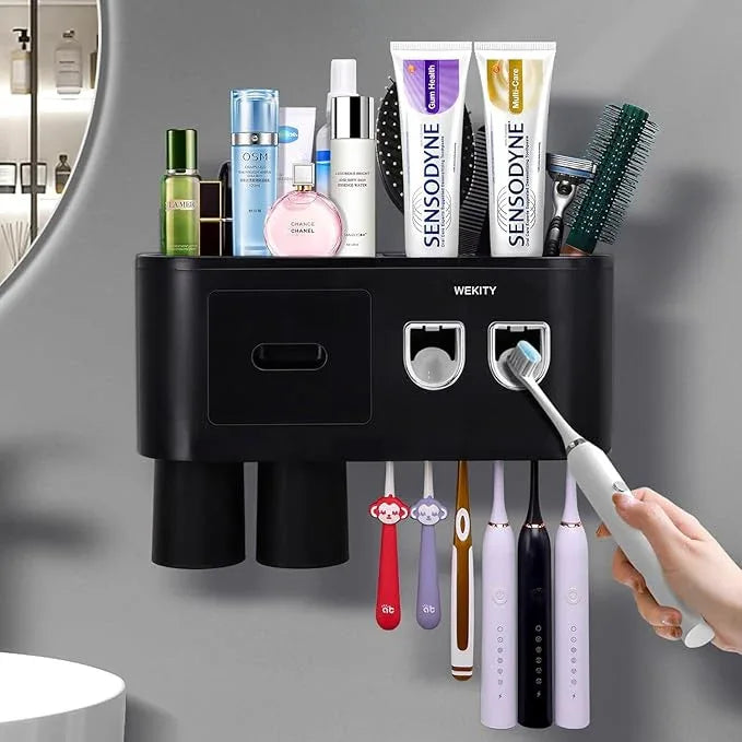 Multifunctional Wall-Mounted Toothbrush Holder, Automatic Toothpaste Dispenser Space Saving Toothbrush and Toothpaste Holder, with 2 Cups and Drawers Cosmetic Organizer (Black 2 Dispensers) - ModernBath