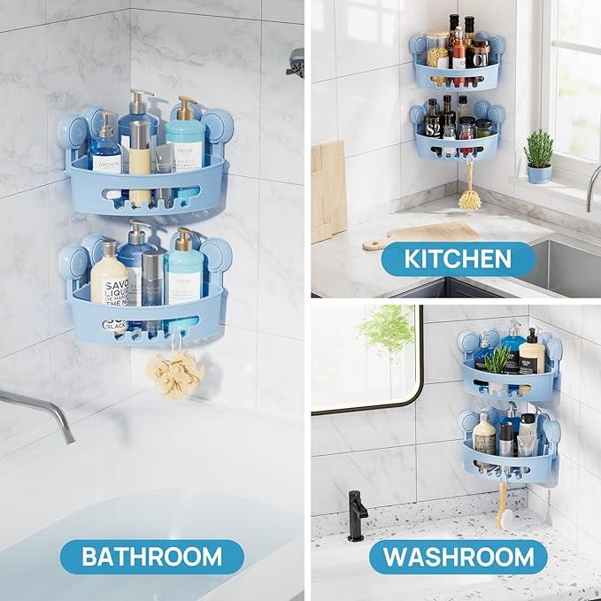 LEVERLOC Corner Shower Caddy Suction Cup, shower shelves suction cup, 2 Pack Basket Powerful Bathroom, Waterproof & Oil-proof Organizer for Kitchen, No-Drilling Removable (Blue) - ModernBath