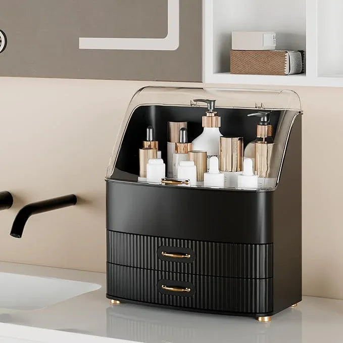 Plukers Makeup Organizer Countertop Vanity with Transparent Lid Drawers Waterproof Dustproof Cosmetic Skincare Bathroom Storage Gift for Women Teens Girls (Black) - ModernBath