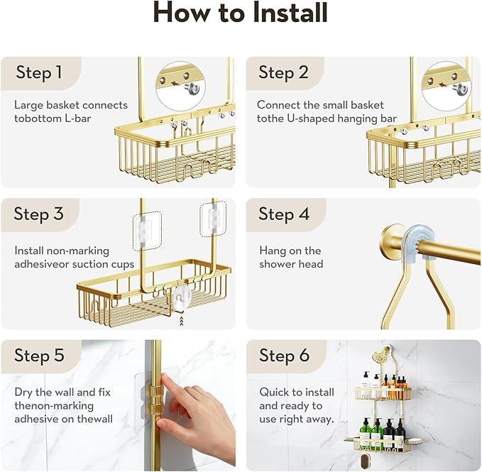 VALORDINE Shower Caddy Hanging, Shower Organizer Hanging, Aluminum Shower Racks for Inside Shower with Hooks for Razor, Never Rust Bathroom Organizers and Storage with Soap Holder, Gold - ModernBath