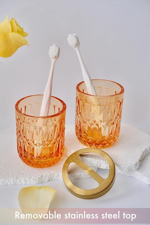 LaMarriti Orange Bathroom Accessories Set, 5Pcs Clear Glass Bathroom Set, Lotion Soap Dispenser, Soap Dish, Tumbler, Toothbrush Holder Set, Qtips Holder for Vintage Bathroom Decor, Gift Set - ModernBath