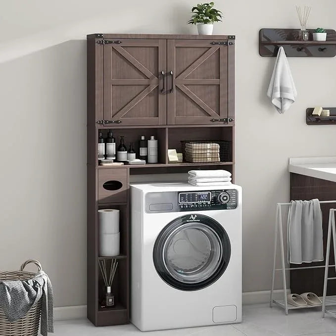 Vabches Over The Toilet Storage Cabinet, Farmhouse Storage Cabinet Over Toilet with 2 Barn Doors && Toilet Paper Holder Stand，Home Space-Saving Toilet Rack, for Laundry, Restroom, Bathroom.(Espresso) - ModernBath
