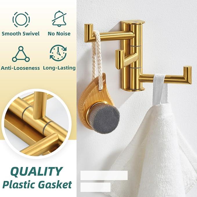 APLusee Swivel Towel Hook, 304 Stainless Steel Foldable Clothes Hook with Multi Three Rotating Arm, Flexible Bathroom Kitchen Storage Hanger Wall Mounted, Brushed Gold - ModernBath