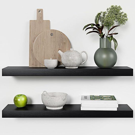 Homeforia Black Floating Shelves 30 inches Long, High End Solid Real Wood 30 inch Floating Shelf for Wall Mounted, Black Wooden 30in Floating Shelves, Heavy Duty Bracket, 30 X 6.5 X 1.75 in, Set of 3 - ModernBath